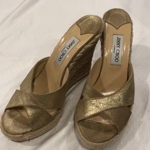 JIMMY CHOO gold metallic espadrilles wedges